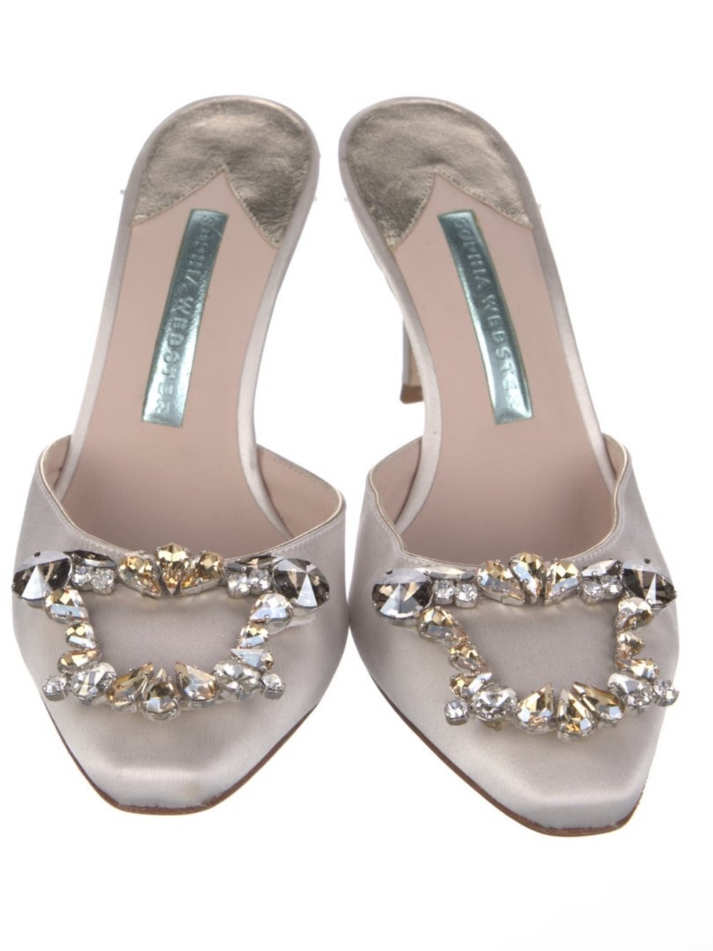 Embellished Satin Mule Heels in Pale Silver - Designer Style